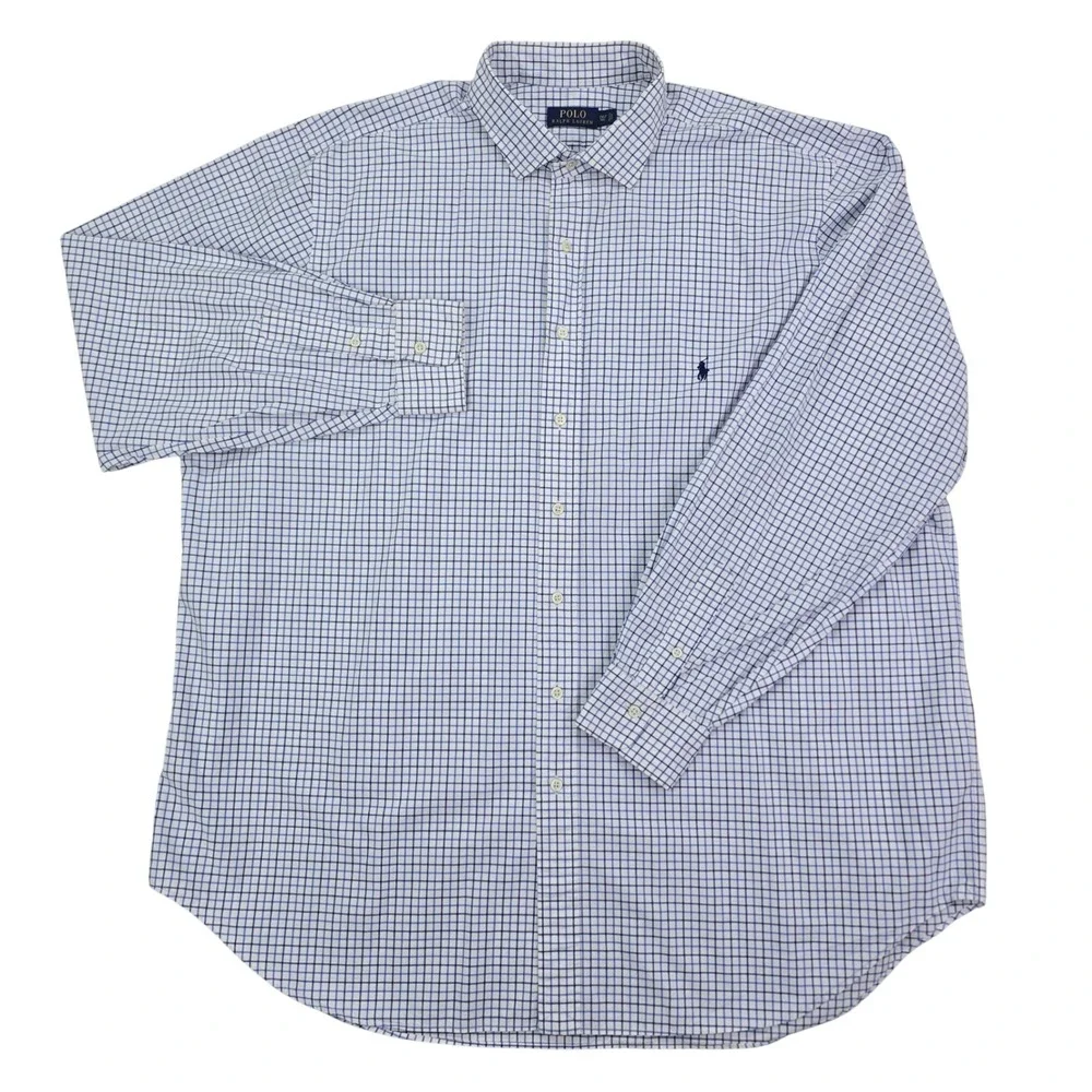 Polo Ralph Lauren Check Button Down Shirt Mens 2XLT Blue White Cotton Tall Pony